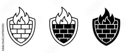 Firewall Icons, Security Shield with Brick Wall and Flames, Cyber Protection Graphics