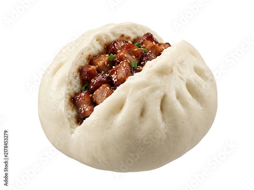 Traditional Chinese Steamed Pork Bun with Savory Meat Filling Isolated on White Background