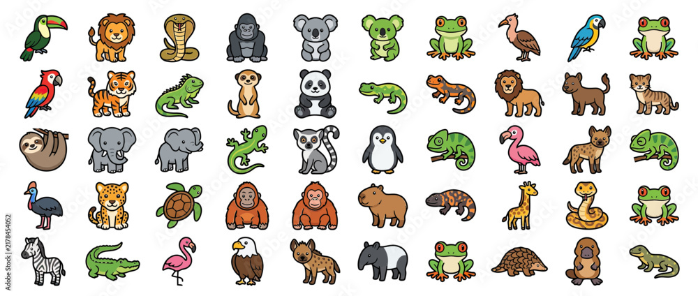 Obraz premium Collection of Cute Cartoon Animals Isolated on Transparent Background