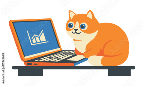 A cute orange cat sitting next to a laptop computer displaying a business growth chart on the screen, representing a funny concept of a pet working in a modern office environment, flat vector art