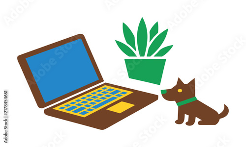 Minimalist vector illustration featuring a brown laptop computer placed next to a green potted houseplant and a cute small brown dog sitting on the floor in a clean and simple flat graphic design