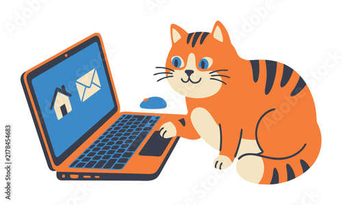Cute orange tabby cat sitting next to an open laptop computer with home and email icons on the screen, flat vector illustration of a pet using technology for remote work or communication concepts
