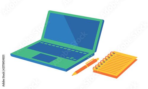 A vibrant flat vector illustration featuring a modern green laptop computer placed next to an orange spiral notebook and a matching pen, representing a creative workspace, digital study
