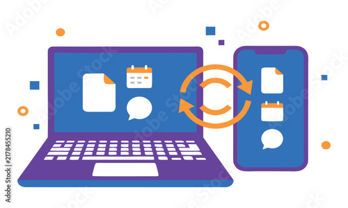 Modern digital data synchronization concept featuring a laptop and smartphone connected with a circular sync icon representing seamless file transfer, calendar updates, and communication flow