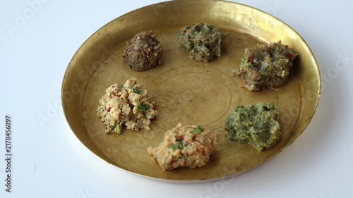 Assorted Bengali Vorta Platter with Potato, Eggplant, Lentil, Egg, Green Bean, and Dried Fish Mash - Authentic Bangladeshi Cuisine Concept