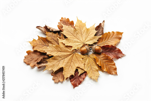 Pile of dry brown maple leaves for autumn season
