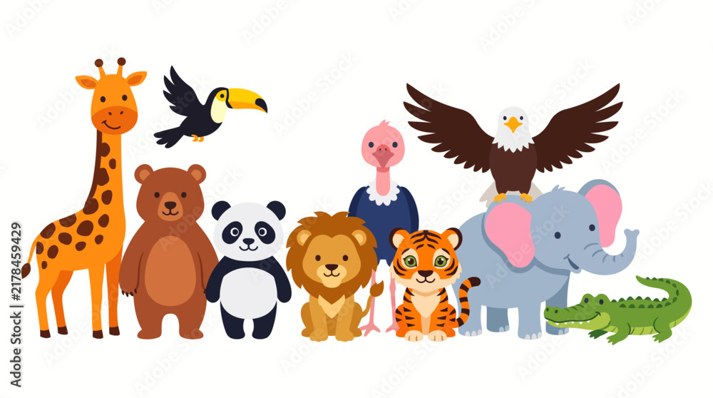 Naklejka premium Playful lineup of colorful cartoon animals, including giraffe, panda, lion, tiger, elephant, and friends, in a friendly kids' illustration for education and décor.