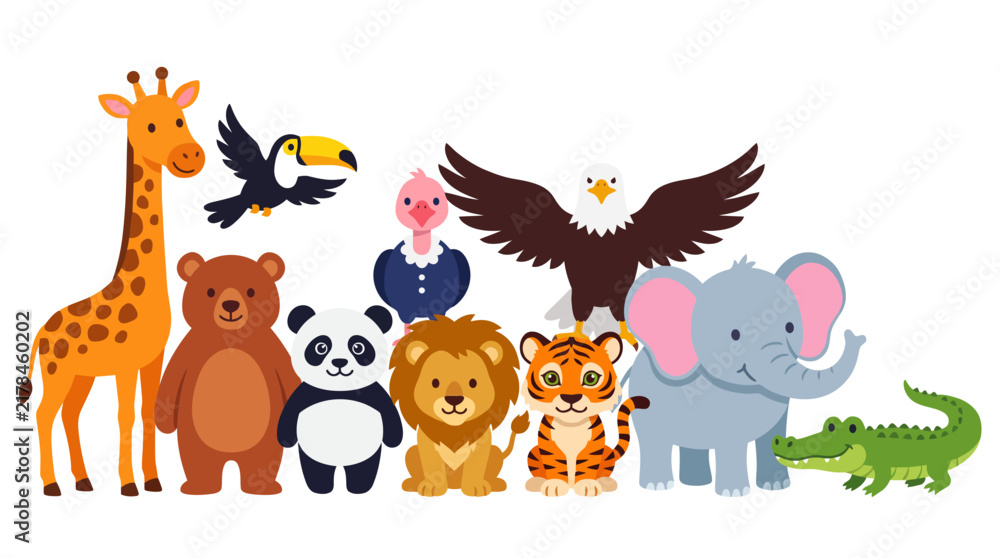 Naklejka premium Cheerful lineup of colorful cartoon animals for kids, featuring a giraffe, panda, bear, lion, tiger, elephant, crocodile and more in a playful, family-friendly illustration.