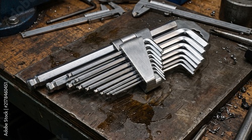 A set of steel hex keys or allen wrenches organized on a rustic wooden workshop workbench surface