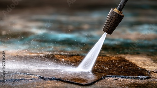 Close-Up View of High-Pressure Water Nozzle Cleaning Surface with Splashes and Details of Dirt and Grime Being Removed on Stone Floor