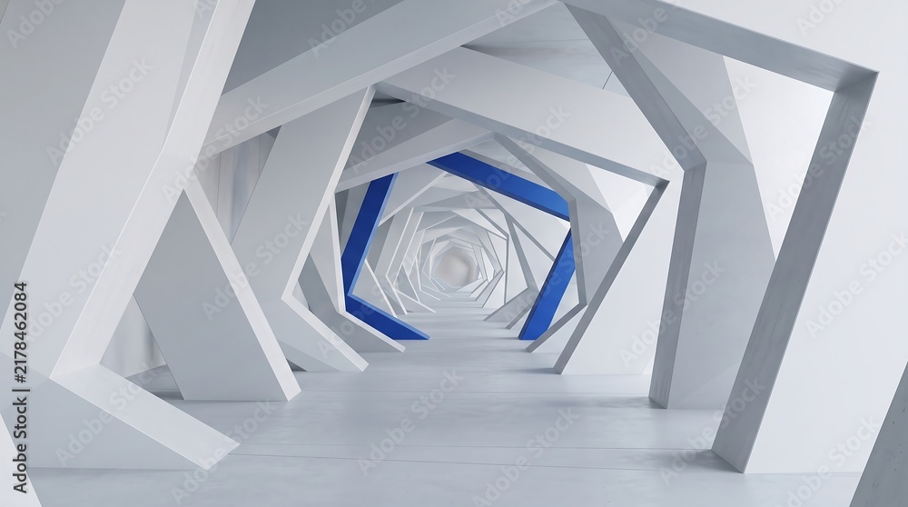 Fototapeta premium Abstract geometric white hallway with blue accents, modern architectural 3D render, futuristic tunnel corridor, minimalist space design
