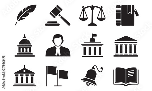 Collection of minimal black law vector icons featuring judge gavel scale of justice lawbook court building flag and bell on transparent background.