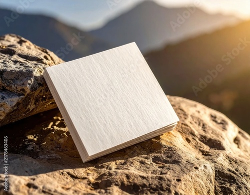 Square paper card mockup resting on a rugged mountain rock during sunset, perfect for brand identity presentation