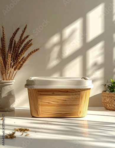 Woven storage basket with plastic lid sitting on table, home organization and rustic interior decor, cozy sunlight and shadows