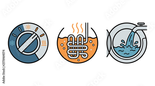 Washing machine temperature control knob heating element and water fill vector icons set for laundry appliance functions