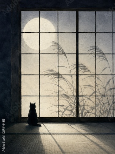 Cat Watching the Full Moon Through a Shoji Screen with Silver Grass, Japanese Watercolor Illustration, Copy Space