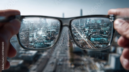 Augmented reality glasses displaying interactive digital information over a real-world cityscape, blending advanced technology with modern lifestyle and a sleek futuristic aesthetic.	