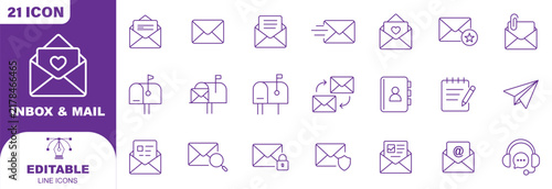 Email Web Icon Set in Line Style. Collection of E-mail and Letter Linear Icons, Including mail, envelope, email, postal, letter sent, inbox, new mail, reply and forward mail and more. Editable Stroke