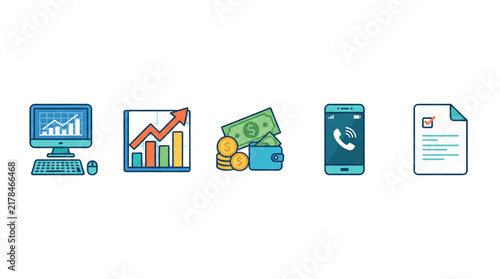 Business Icons: A clean vector illustration featuring a collection of essential business icons, including a computer with charts, a growing bar graph, a wallet with money.