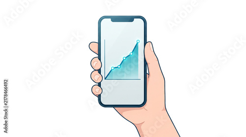 Growth Chart on Smartphone: A close-up of a hand holding a smartphone displaying a vibrant blue growth chart, illustrating upward trending data and financial progress.