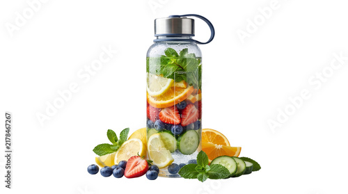 Infused Water Bottle: A stylish glass bottle filled with vibrant fruits like strawberries, blueberries, lemon, orange, cucumber, and fresh mint, promising a refreshing and healthy drink experience.