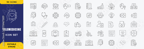 Telemedicine line editable icon set. Online healthcare doctor consultation, digital medical app, remote virtual clinic treatment, smart health monitoring. Editable stroke. Vector illustration