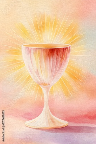 Watercolor holy chalice with glowing golden light rays, ideal for Christian first communion invitation template, church sacrament brochure cover or religious Easter Sunday flyer design