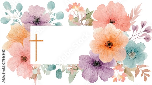 Watercolor pastel floral frame with empty white text banner and elegant Christian cross, ideal for family baptism invitation template, spring church holiday flyer or first communion thank you card