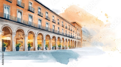 Watercolor facade of historical building with classic arches and balconies, ideal for luxury boutique hotel web header, European wine list cover design or real estate agency agency banner