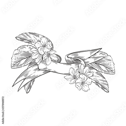 Fruit tree flowers with leaves and a ribbon with a place for the text. Everything is hand-drawn in ink. Botanical illustration for greeting cards, labels, wedding invitations and interior decoration.