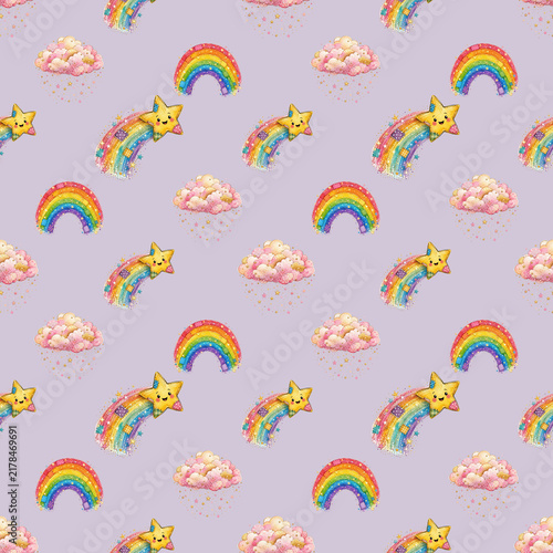 A whimsical seamless pattern featuring colorful rainbows, adorable smiling stars on a rainbow trail, and fluffy pink clouds on a soft lavender background.