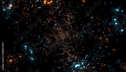 Abstract dark background with glowing orange and blue particle lights and reflections