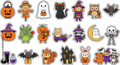 Cute Halloween Sticker Set Featuring Adorable Kawaii Characters Like Pumpkins Ghosts Witches Cats Bats Skeletons And Haunted Houses Perfect For Festive Seasonal Decorations And Creative Holiday Projec