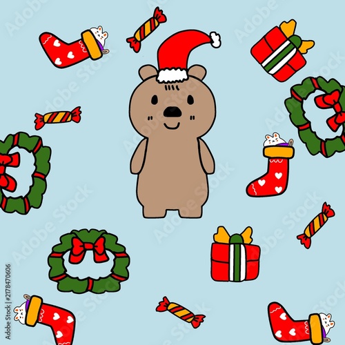 Cute Christmas Bear with Candy and Gifts