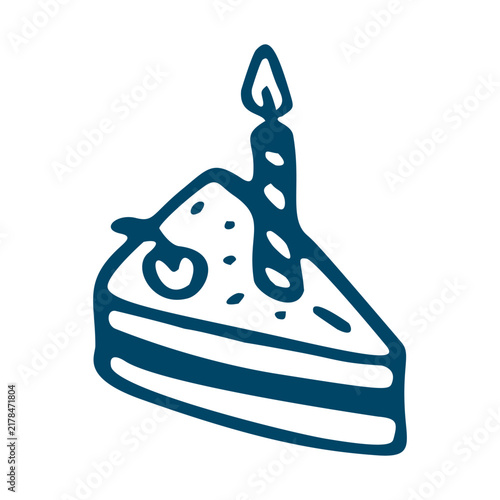 Cute cake slice with candle doodle vector illustration