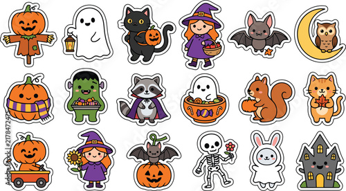 Cute Halloween Sticker Set Featuring Adorable Kawaii Characters Like Ghosts Witches Pumpkins Bats Owls Cats Raccoons Skeletons And Haunted Houses Perfect For Seasonal Decorations And Festive Party Cra