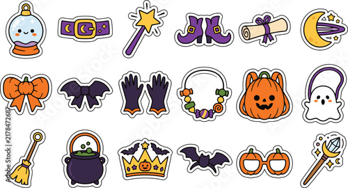 Cute Halloween Sticker Set Featuring Kawaii Witchy Elements Like Magic Wands Crystal Balls Pumpkins Ghosts Bats And Festive Accessories For Spooky Holiday Decoration Projects And Creative Crafting Des