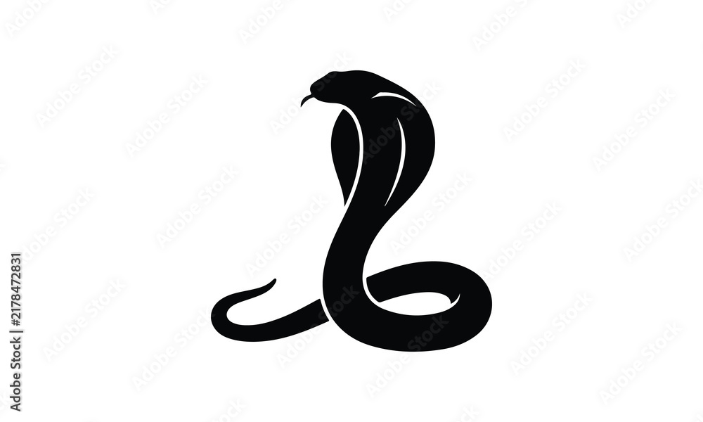 Fototapeta premium Black silhouette of a king cobra snake with expanded hood and curled body isolated on white background