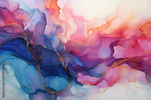 Abstract Fluid Art in Alcohol Ink Technique, Showcasing Translucent Hues and Metallic Swirls