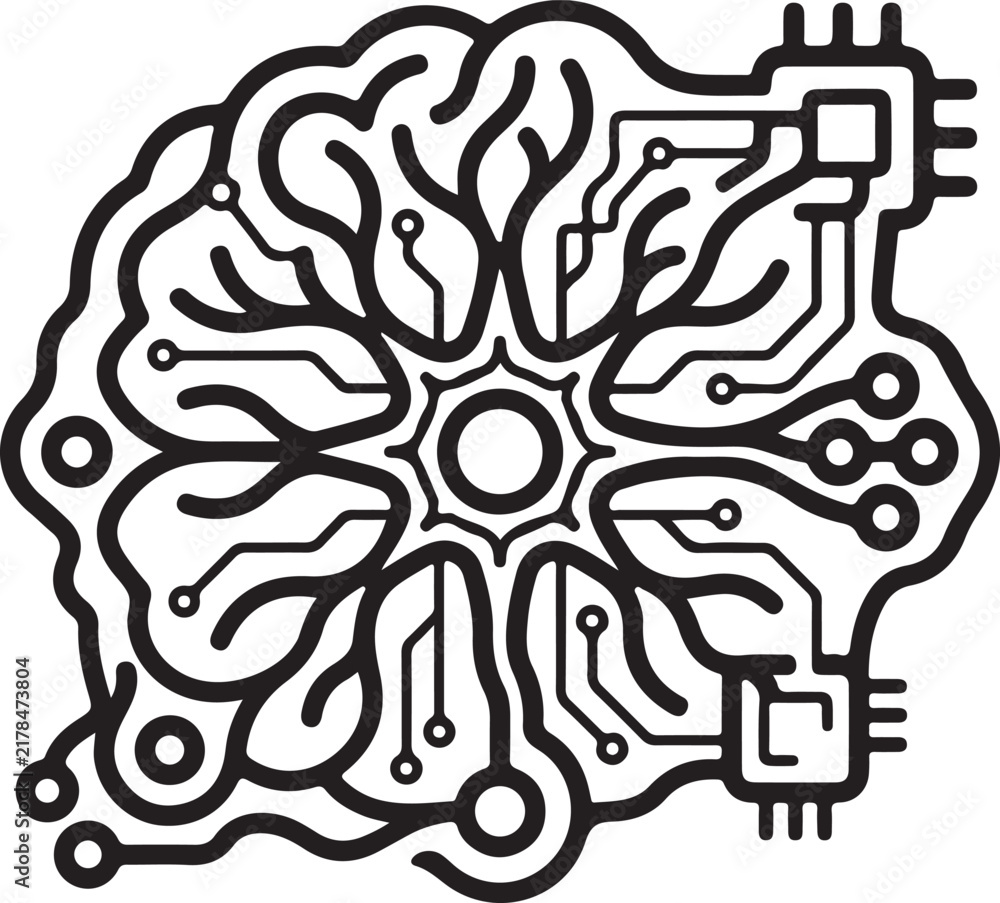 Fototapeta premium Artificial Intelligence Neural Network Brain Circuit Board and Microchip Processor Outline Icon Illustration