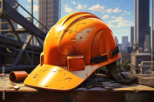 Creative design featuring helmet hat on a busy construction site backdrop