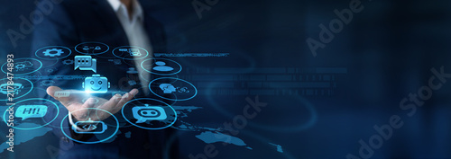Fotografie Automation engineer smoothly configuring scripts, holding handheld screens for Chatbots inside the Global network architecture