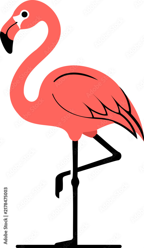 Obraz premium Pink flamingo vector illustration, flat tropical bird icon for summer design projects.