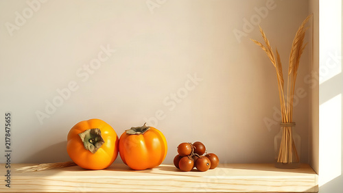 Persimmons, dried jujubes, and rice stalks on wooden ledge, warm home interior still life