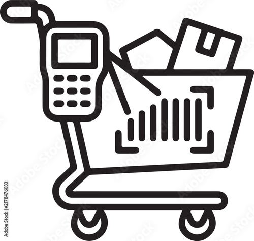 Shopping cart with self-scanning device scanning barcode line art icon for modern retail and grocery store technology