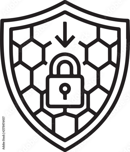 Cyber security shield icon with padlock and honeycomb network for secure data storage and software protection