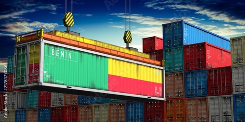 Benin - cargo container lifted by crane in terminal - international trade and logistics concept - 3D illustration