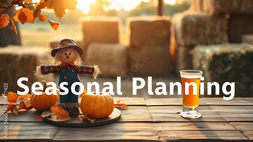 Rustic table with scarecrow, pumpkins, apple cider, autumn leaves, and hay bales, golden hour seasonal setting