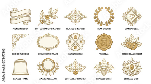 Coffee Shop Emblem Set: Wreath, Crests, Labels, Ornaments
