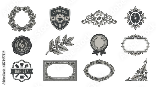 Coffee Shop Emblems and Ornaments Set, Isolated Transparent Background